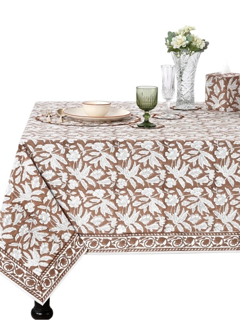 ❤️… RIDHI Oak Brown and White Floral Block Print Tablecloth - Home Dining